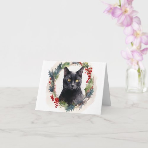 Black Cat Christmas Wreath Festive Kitten Card