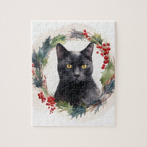 Black Cat Christmas Wreath Festive Kitten Jigsaw Puzzle