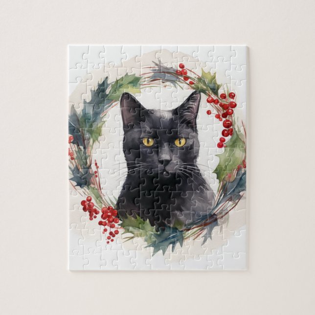 Black Cat Christmas Wreath Festive Kitten Jigsaw Puzzle (Vertical)