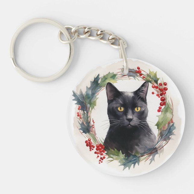 Black Cat Christmas Wreath Festive Kitten Keychain (Front)