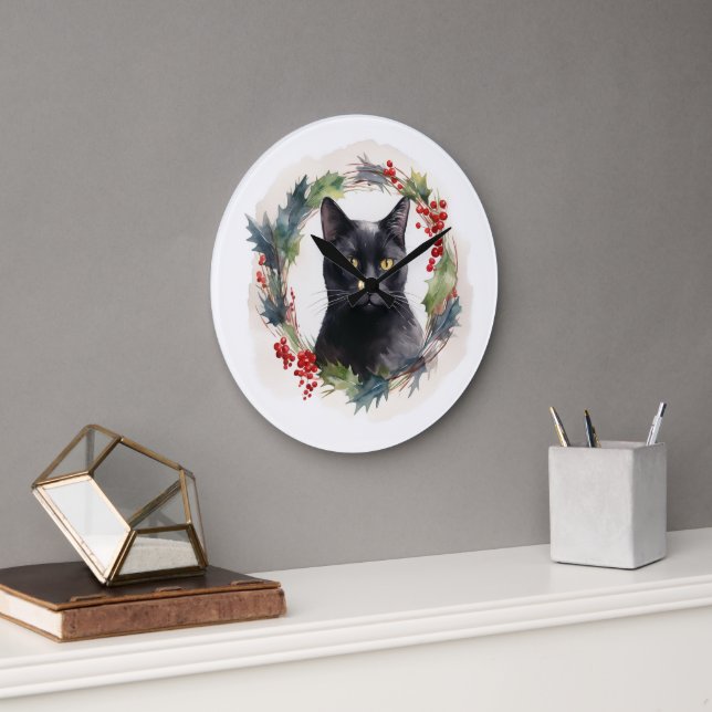 Black Cat Christmas Wreath Festive Kitten Large Clock (Office)