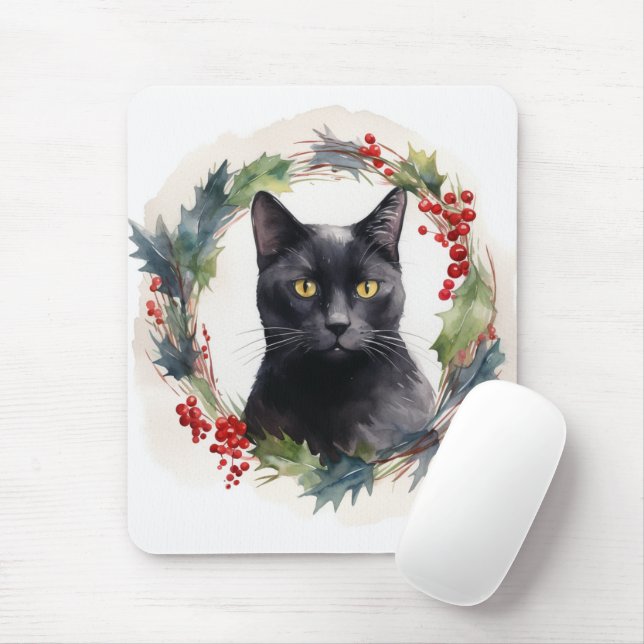 Black Cat Christmas Wreath Festive Kitten Mouse Pad (With Mouse)