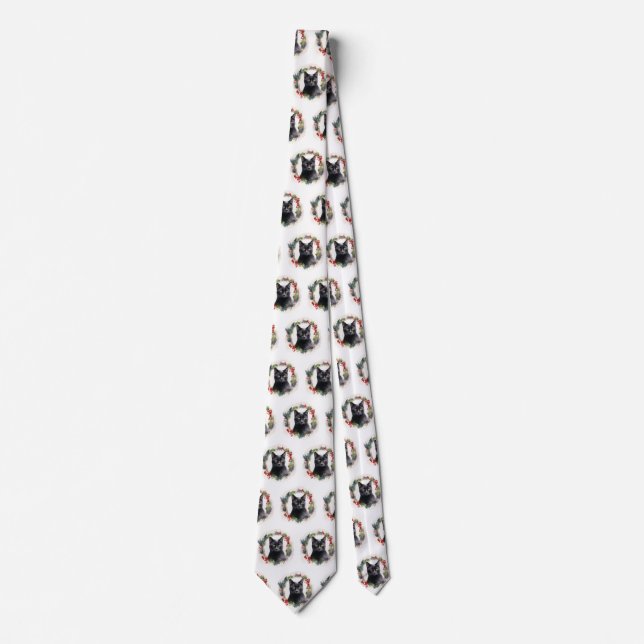 Black Cat Christmas Wreath Festive Kitten Neck Tie (Front)