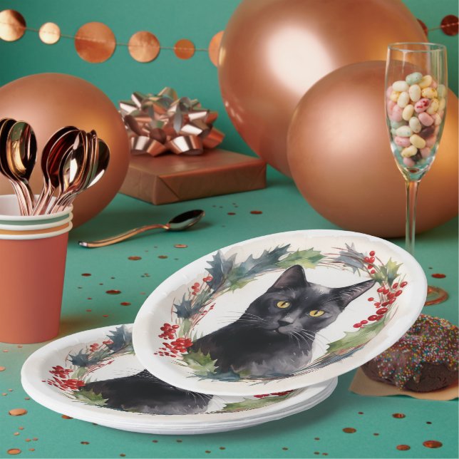 Black Cat Christmas Wreath Festive Kitten Paper Plates (Multi)