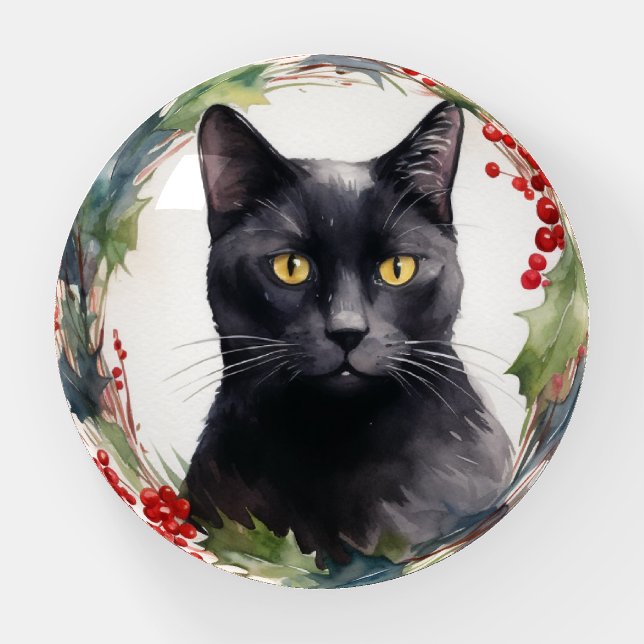 Black Cat Christmas Wreath Festive Kitten Paperweight (Front)