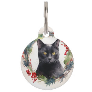 Black Cat Christmas Wreath Festive Kitten Pet ID Tag