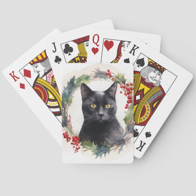 Black Cat Christmas Wreath Festive Kitten Poker Cards (Back)