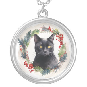 Black Cat Christmas Wreath Festive Kitten Silver Plated Necklace