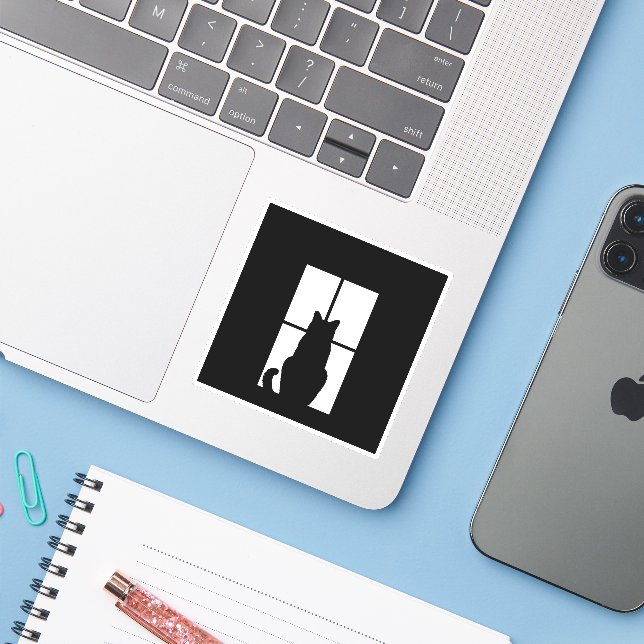 Black Cat Click to Customize Window Color Option Sticker (Laptop w/ iPhone)