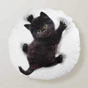 Black Cat Climbing On Human Back Round Pillow