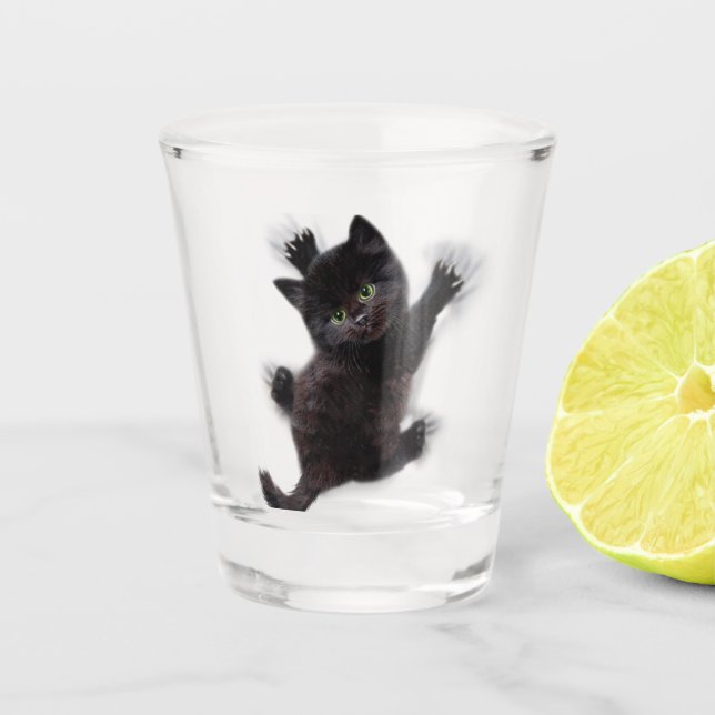 Black Cat Climbing On Human Back Shot Glass (Front)