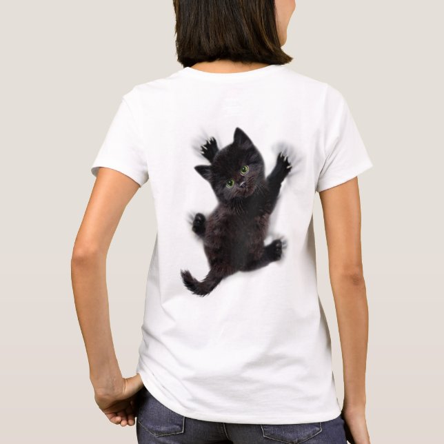Black Cat Climbing On Human Back T-Shirt (Back)