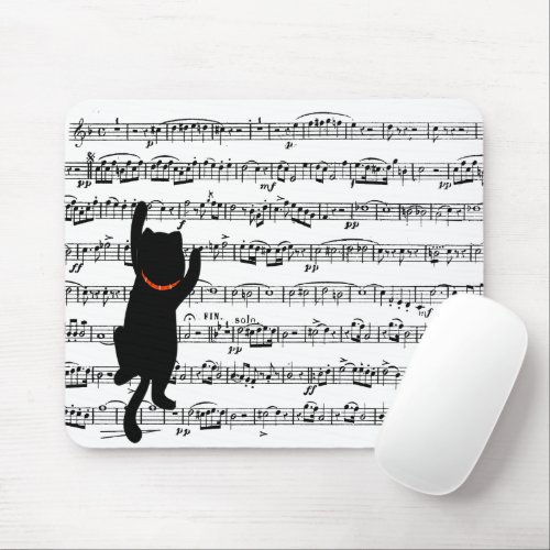 Black Cat Climbing On Music Mouse Pad