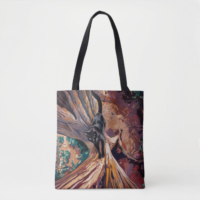 Black Cat Climbing Tree Design Tote Bag (Front)