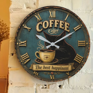 Black Cat Coffee Lover Farmhouse Kitchen Decor Large Clock
