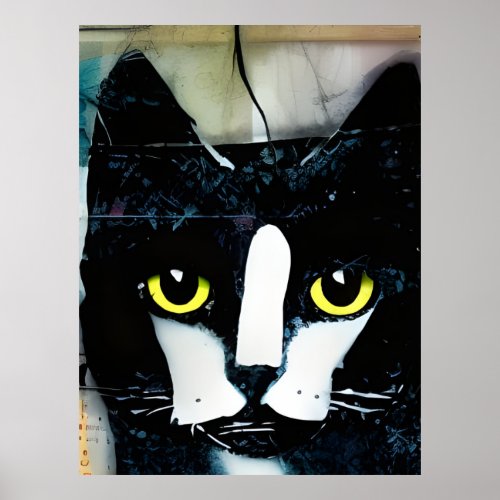 Black Cat Collage Painting Poster