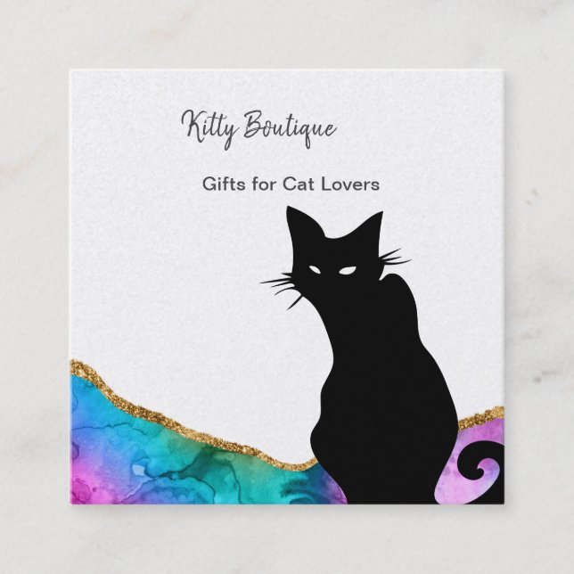 Black Cat Colorful Abstract Square Business Card (Front)
