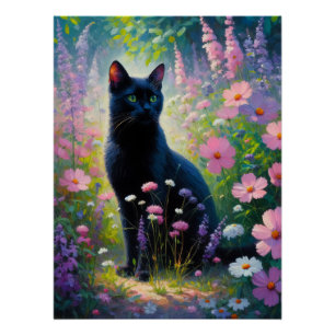Black Cat Colorful Wildflowers Decoupage Poster