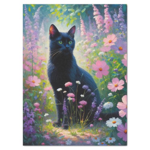 Black Cat Colorful Wildflowers Decoupage Tissue Paper