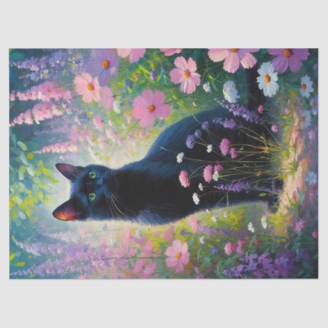 Black Cat Colorful Wildflowers Decoupage Tissue Paper (Front)