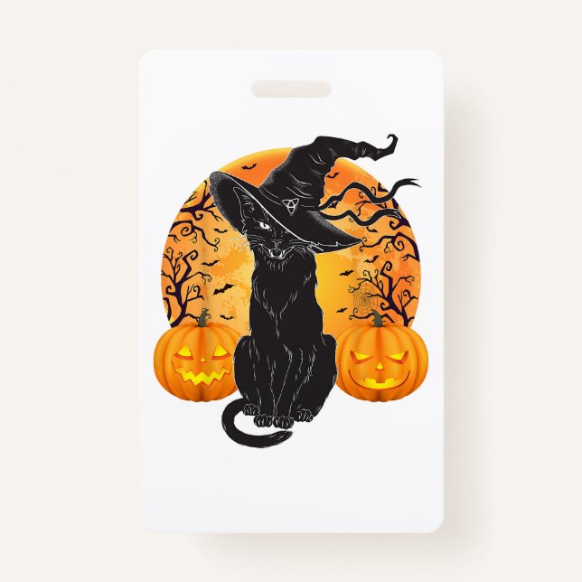 Black Cat Costume Scary Halloween Witch Hat _Moon  Badge (Front)