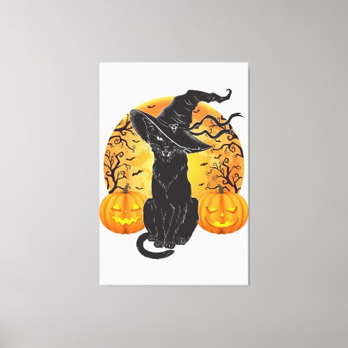 Black Cat Costume Scary Halloween Witch Hat _Moon  Canvas Print
