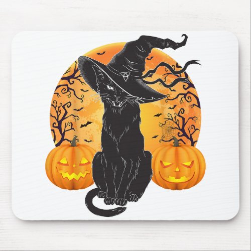 Black Cat Costume Scary Halloween Witch Hat Moon G Mouse Pad