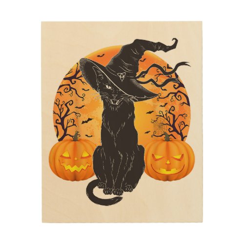 Black Cat Costume Scary Halloween Witch Hat Moon G Wood Wall Art