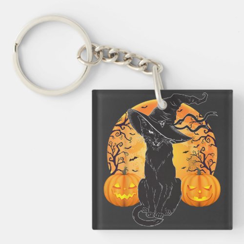 Black Cat Costume Scary Halloween Witch Hat _Moon  Keychain