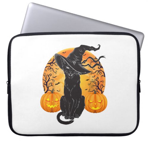 Black Cat Costume Scary Halloween Witch Hat _Moon  Laptop Sleeve