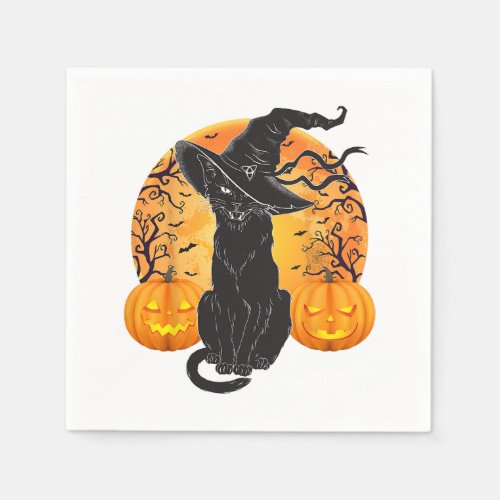 Black Cat Costume Scary Halloween Witch Hat _Moon  Napkins
