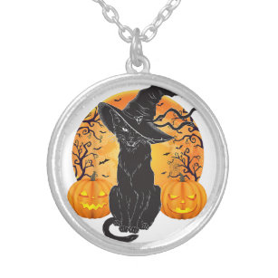 Black Cat Costume Scary Halloween Witch Hat _Moon  Silver Plated Necklace