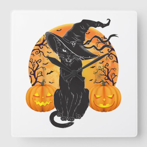 Black Cat Costume Scary Halloween Witch Hat _Moon  Square Wall Clock