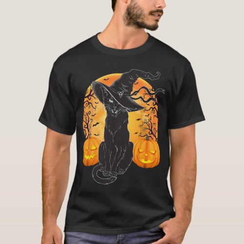 Black Cat Costume Scary Halloween Witch Hat _Moon  T_Shirt