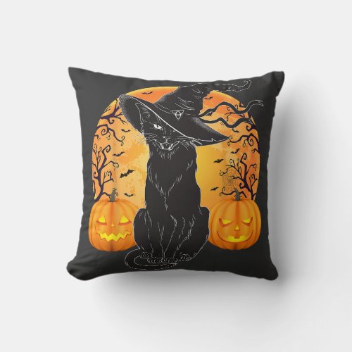 Black Cat Costume Scary Halloween Witch Hat _Moon  Throw Pillow