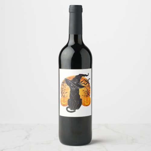 Black Cat Costume Scary Halloween Witch Hat _Moon  Wine Label