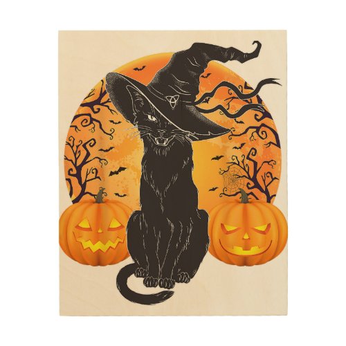 Black Cat Costume Scary Halloween Witch Hat _Moon  Wood Wall Art