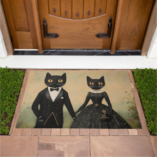 Black cat couple vintage folk art gothic victorian doormat