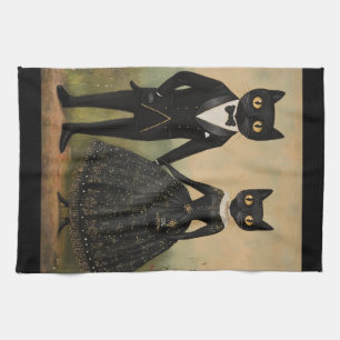 Black cat couple vintage folk art gothic victorian kitchen towel