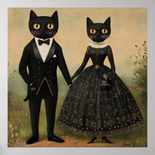 Black cat couple vintage folk art gothic victorian poster
