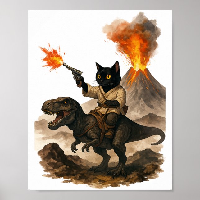 Black Cat Cowboy Riding Dinosaur – Watercolor Ink  Poster (Front)