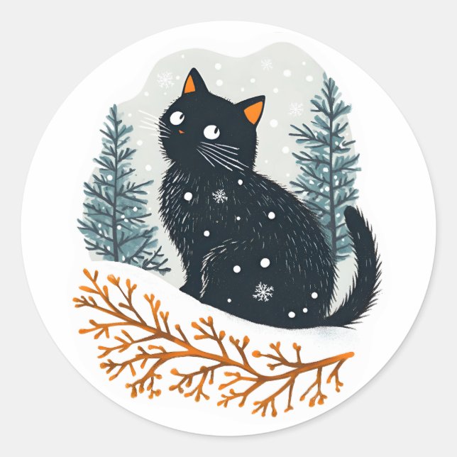 Black cat cozy winter snow classic round sticker (Front)