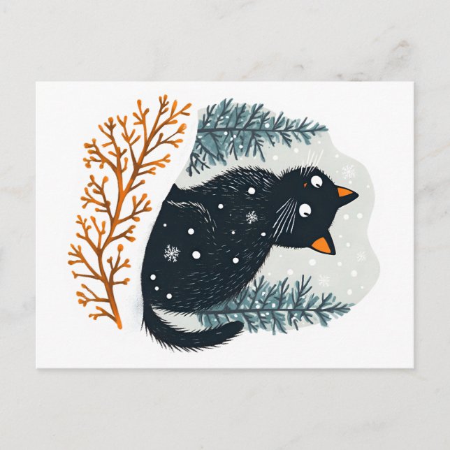 Black cat cozy winter snow holiday postcard (Front)