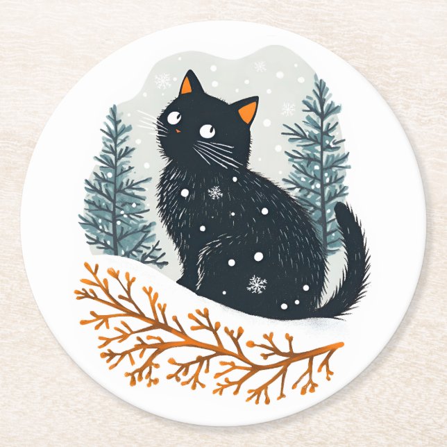 Black cat cozy winter snow round paper coaster (Front)
