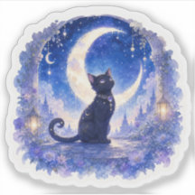 Black Cat Crescent Moon Fantasy Sticker