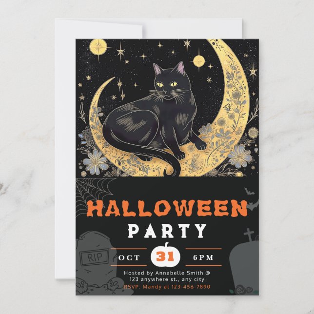 Black Cat Crescent Moon Floral Black Halloween Invitation (Front)