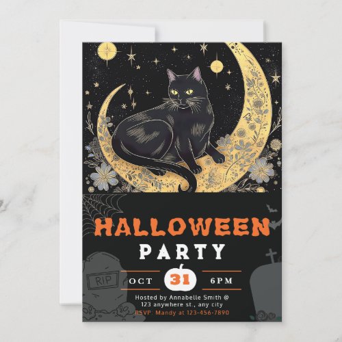Black Cat Crescent Moon Floral Black Halloween Invitation