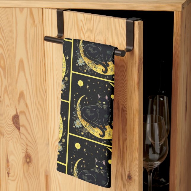 Black Cat Crescent Moon Floral Gold Halloween Kitchen Towel (Thirds Fold)