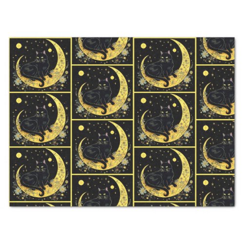 Black Cat Crescent Moon Floral Gold Halloween Tissue Paper