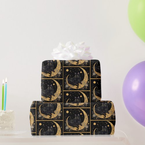 Black Cat Crescent Moon Floral Gold Halloween Wrapping Paper